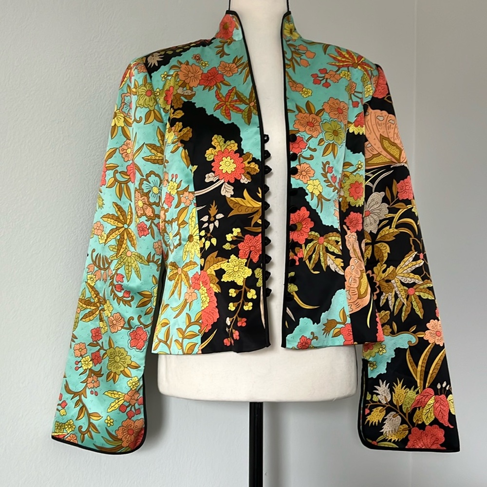 JS Collections 100% Silk Floral Kimono Style Jacket w/Bell Sleeves - Sz 10